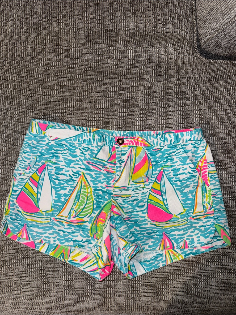 Lilly Pulitzer Turquoise Sailboat Print Shorts with Pink and Yellow Accents